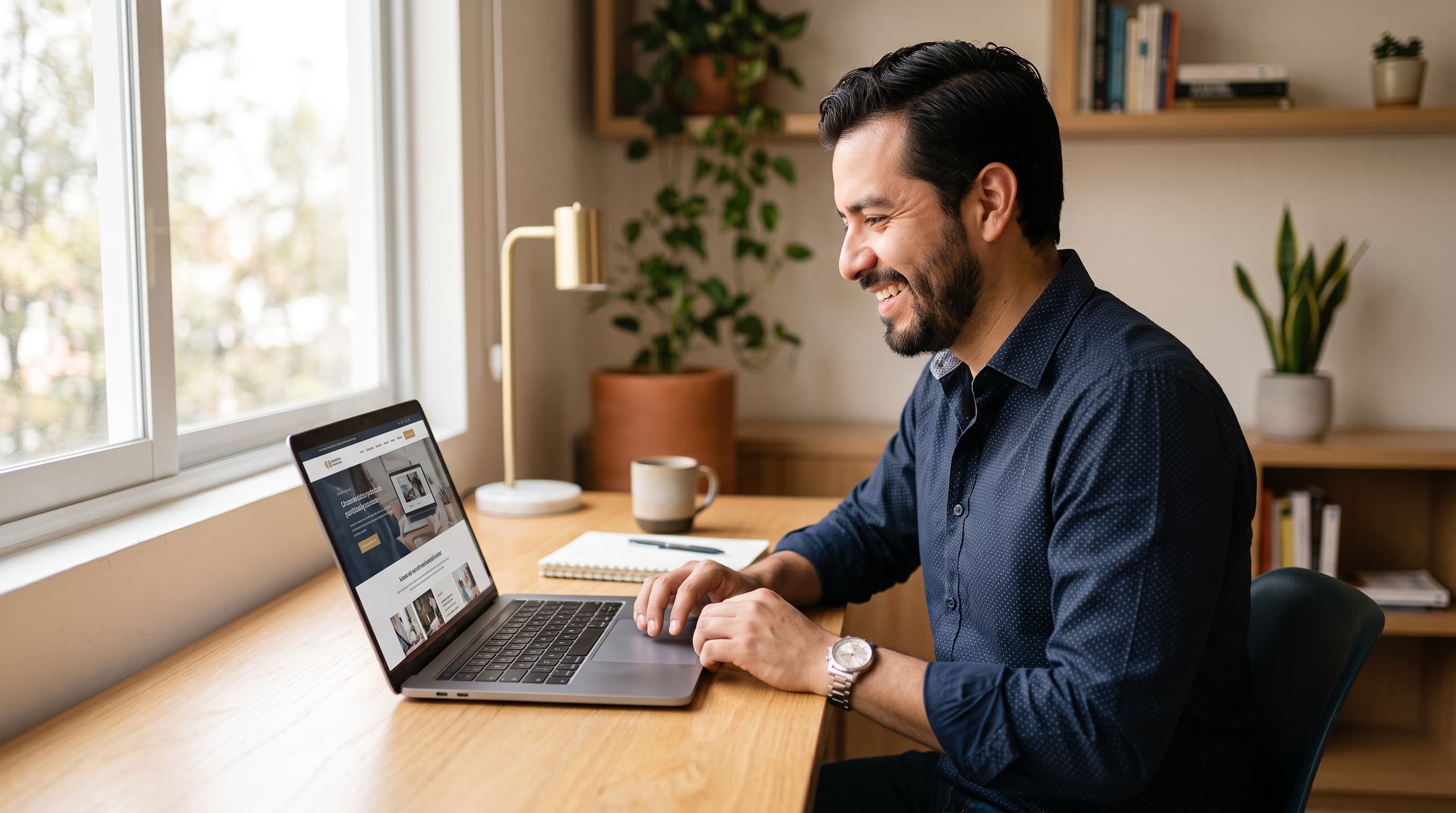 Emprendedor satisfecho revisando su sitio web en laptop